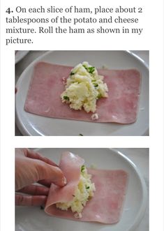 two pictures showing how to make ham and cheese appetizer on a white plate