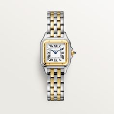 Cartier - Panthère de Cartier watch - Watch Gold/Gold/Steel - Panthère de Cartier watch, small model, quartz movement. Case in yellow gold 750/1000 and steel, dimensions: 23 mm x 30 mm, thickness: 6 mm, crown set with a synthetic blue spinel, silvered dial, blued-steel sword-shaped hands, bracelet in yellow gold 750/1000 and steel. Water-resistant to 3 bar (approx. 30 meters). Cartier Watches Women Diamonds, Cartier Watches Women, Cartier Gold, Cartier Panthere, Gold Watches Women, Jewelry Styles, Cartier Watch, Two Tone Watch, Women's Watch