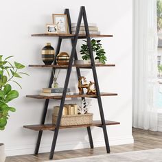 a book shelf with books and plants on it next to a potted houseplant