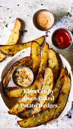 oven baked potato wedges with ketchup and mayonnaise on the side