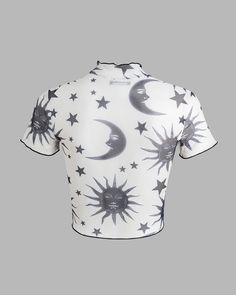 Details: Mesh top with star and moon printLength: NormalSleeve Length: ShortMaterials: 95% Polyester + 5% Spandex Fitted Star Print Summer Tops, Fitted Star Print Tops For Summer, Fitted Black Tops With Moon Print, Fitted Moon Print Crew Neck Top, Fitted Moon Print Tops For Summer, White Star Print Top For Summer, Celestial Graphic Print Tops For Summer, Celestial Crew Neck Tops For Summer, Celestial Graphic Print Summer Tops