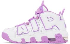 High-top paneled buffed leather, grained faux-leather, and mesh sneakers in white and purple. Perforated detailing throughout. · Swoosh embroidered at toe and padded tongue · Lace-up closure · Elasticized trim at vamp · Pull-loop at tongue and heel collar · Swoosh embossed at heel counter · Logo appliqués at sides · Mesh lining · Signature Air Sole unit at treaded rubber sole Please note that this item may be shipped only within North America. Supplier color: White/Rush fuchsia Nike US Size: chi Purple Mid-top Custom Sneakers With Rubber Sole, Purple Mid-top Custom Sneakers For Streetwear, Purple High-top Sneakers With Rubber Sole For Streetwear, Purple High-top Basketball Shoes With Translucent Outsole, Purple Non-slip Synthetic Sneakers, Nike High, Nike High Tops, Mesh Sneakers, Nike Kids