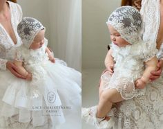 two pictures of a woman holding a baby wearing a white dress and headpieces