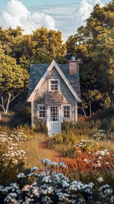 a painting of a house in the middle of a field with trees and flowers around it