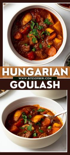 two bowls of hungarian goulash with meat and vegetables