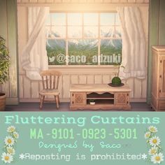 an advertisement for a furniture store with flowers on the window sill and a chair