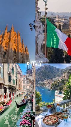 the collage shows different views of italy and its surrounding region, including an italian flag