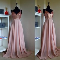 two pictures of a pink dress on display