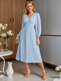 Step into any cocktail party or special event with confidence in this stunning Chiffon V-Neck Long Sleeves Elastic Band Midi Dress. The combination of the flowing chiffon fabric, v-neckline, and long sleeves exudes a classy and refined vibe. Complete your look with heels and accessories for a memorable appearance that will turn heads all night long. Centrepiece Wedding, Midi Wedding Guest Dress, Long Sleeve Chiffon Dress, Guest Dress, Chiffon Long Sleeve, Wedding Guests, Home Wedding, Beautiful Gowns, Chiffon Fabric