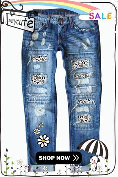 Sky Blue Daisy Print Patched Distressed Jeans Summer Distressed Blue Pants, Blue Distressed Pants For Summer, Distressed Blue Pants For Summer, Ripped Relaxed Fit Pants For Spring, Spring Blue Ripped Pants, Blue Ripped Pants For Spring, Summer Stretch Distressed Pants, Distressed Stretch Pants For Summer, Spring Distressed Stretch Pants