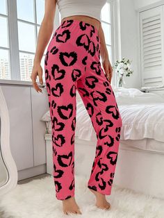 Rosa Fucsia Casual-Joven Collar  Tela tejida Corazón,Estampado de Leopardo Pierna recta Embellished Elástico Ligero Todo Sleep Pants, Heart Print, Collar, Pants, Tela, Trousers