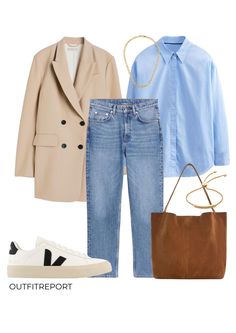 Blue And Beige Outfit, Brown Handbag Outfit, Blue And Brown Outfit, Camel Blazer, Leather Shopper Bag, Light Blue Top, Beige Outfit, Top Jeans, Veja Sneakers