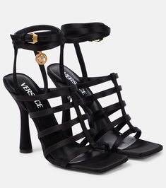 Lycia satin sandals in black - Versace | Mytheresa Versace Boots, Versace Sandals, Satin Sandals, Versace Gold, Large Leather Tote Bag, Versace Shoes, Caged Heels, Leather Thong Sandals, Boot Jewelry