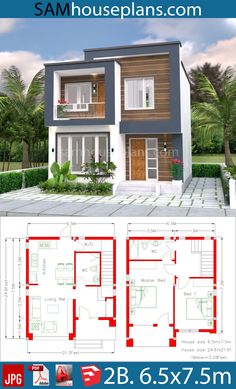 two story house plan with 3 bedroom and 2 bathrooms in the same area, it has three