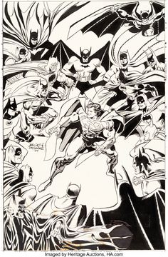 an ink drawing of batman and other characters