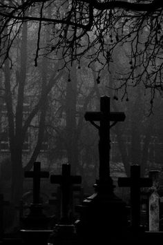 black and white photo of three crosses in the foggy cemetery with trees behind them