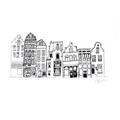 a black and white drawing of buildings in the city with lots of windows on each side