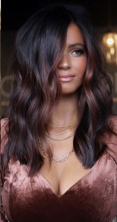 New Fall Hair Colors 2022 Brunette, Fall Burnett Hair, Dark Hair Ideas For Winter, Fall Hair Color For Brunettes 2022, Dark Hair With Red Balayage, Fall Hair Color For Black Hair, Brunette Purple Balayage, Chocolate Rose Hair, Medium Length Dark Hair With Face Framing Highlights