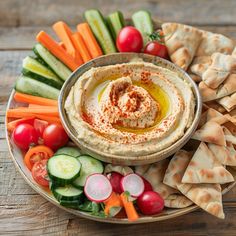 hummus, carrots, cucumbers and other vegetables on a platter