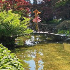 a woman in a pink dress is walking across a bridge over a small pond with red and green trees