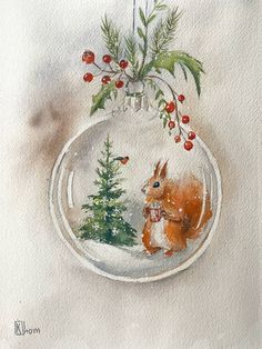 a watercolor painting of a squirrel in a glass ornament with holly and berries