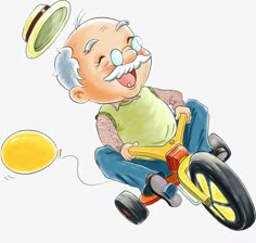 an old man riding a tricycle with a frisbee in the air and smiling