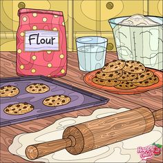 an image of cookies on the table with flour and baking utensils to be colored in