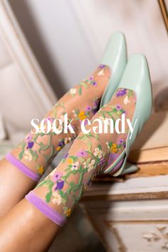 For the unconventional bride, sheer fashion socks are a must-have. These floral sheer socks are Parisian chic and so romantic. Pair these socks and heels or wear with your wedding dress or bridal shower outfit. Follow Sock Candy for more fancy socks and sheer sock inspiration Pattern Socks Outfit, Sheer Socks And Heels, Clogs And Socks Outfit, Mesh Socks Outfit, Sheer Socks With Heels, Sheer Socks Outfit, Bridal Socks, Heels With Flowers, Sock Candy