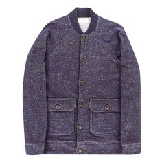 ALOHA SUNDAY INDIGO CASE BOMBER JACKET Purple Winter Blazer With Button Closure, Winter Purple Blazer With Button Closure, Casual Tweed Jacket With Button Closure, Casual Tweed Button-up Jacket, Casual Winter Tweed Jacket Button-up, Casual Cotton Tweed Jacket With Pockets, Purple Button-up Outerwear With Pockets, Purple Button-up Outerwear, Purple Button-up Outerwear With Button Closure