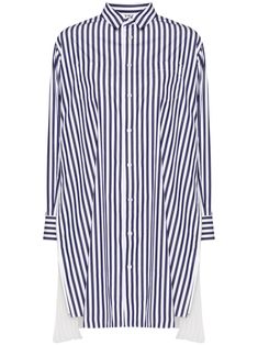 navy blue/white cotton panelled design vertical stripe pattern pleat detailing straight-point collar front button fastening buttoned cuffs asymmetric hem Striped Hem Dress For Work, Chic Shirt Dress With Striped Collar For Daywear, Classic Workwear Dress With Striped Collar, Contrast Stripe Dresses For Workwear, Spring Workwear Dresses With Contrast Stripes, Long Sleeve Dresses With Vertical Stripes For Work, Classic Striped Shirt Dress For Work, Elegant Dresses With Striped Collar For Daywear, Classic Striped Shirt Dress