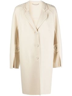 beige mohair blend notched lapels front button fastening belted waist long sleeves split cuffs side slits above-knee length straight hem Ermanno Scervino, Outerwear Coats, Above Knee, Outerwear Women, Trench Coat, Knee Length, Top Brands, Split, Long Sleeves