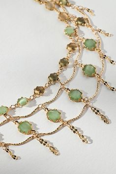 14k gold-plated brass, cateye, glass, resin Lobster clasp Imported | Triple-Layer Crystal Necklace by Anthropologie in Green, Women's, Gold/Plated Brass/Glass Fairy Choker Necklaces, Bohemian Jewelry Necklaces, Fairy Choker, Semi Precious Necklace, Anthropologie Jewelry, Brass Glass, Layered Jewelry, Green Necklace, Choker Necklaces