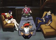 three cartoon characters sitting on couches in a living room with one person laying on the floor