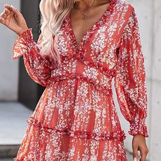 Button Closure, Deep V, Open Back Never Worn Feminine Red Mini Dress With Ruffle Hem, Feminine Red Long Sleeve Mini Dress, Floral Printed, Deep V, Lady In Red, Sleeve Dress, Open Back, Colorful Dresses, Floral Prints