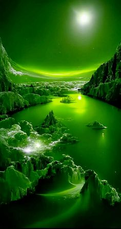 an alien landscape with green water and icebergs in the foreground at night