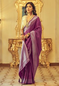 Kanjivaram silk Saree in Purple colour 10055 Desc: Saree Style : Kanjivaram Sarees Saree Color : Purple Fabric : Kanjivaram Silk Work : Resham Wash Care : Dry clean Sleeve Style : Half Sleeve Long Sleeves : Done only in Custom Stitch Sleeves Lining : Done only in Custom Stitch Bust Size : 32 to 42 Inches Occasion : Festival Diwali Eid Durga Pooja Ganesh Charturthi Dussehra. With Express Free Shipping Buy Indian Party wedding wear Bridal Sarees Kanjivaram silk Saree in Purple colour 10055 online Green Organza Saree, Purple Weave, Golden Border, Kanjivaram Silk Saree, Bridal Silk Saree, Wedding Saree Indian, Kanjivaram Sarees, Organza Saree, Silk Sarees Online