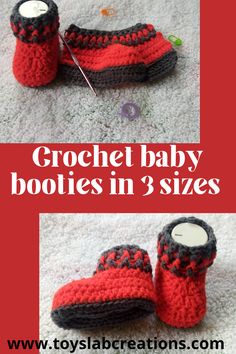 crochet baby booties in 3 sizes with text overlay that reads, crochet baby booties in 3 sizes