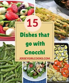 different dishes that go with gnocchi are shown in this collage, including asparagus and strawberries