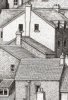 a black and white drawing of rooftops with buildings in the background on a hill