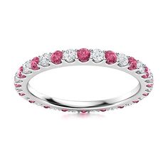 a white gold ring with pink and white diamonds