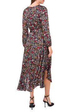 A curved hemline accentuates the flowy silhouette of this graceful floral-print dress. 51" length Hidden back-zip closure V-neck Long sleeves with elastic cuffs Partially lined 100% polyester Dry clean Imported Chic Floral Print Dress With High-low Hem, Flowy Floral Print Midi Dress For Fall, Chic Floral Print Dresses With High-low Hem, Chic Floral Print High-low Dress, Casual Floral Print Midi Dress With High-low Hem, Flowy Floral Print Midi Dress With High-low Hem, Casual Midi Dress With Floral Print And High-low Hem, Flowy Floral Print High-low Hem Midi Dress, Flowy High-low Hem Midi Dress With Floral Print