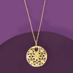 Ross-Simons - Italian 14kt Yellow Gold Circle Flower Pendant. Our openwork 14kt yellow gold pendant features textured and polished floral details that beautifully showcase the artistry and exquisite craftsmanship of Italian artisans. Single bale can accommodate up to a 3mm chain, sold separately. 14kt yellow gold flower pendant. Circle Charm Necklace, Murano Jewelry, Circle Flower, Jewelry Presentation, Triple Hoop Earrings, Gold Mandala, Premium Outlets, Knot Stud Earrings, Yellow Gold Bangle