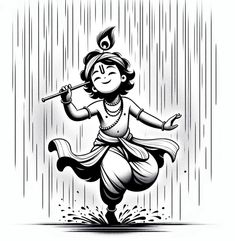 a black and white drawing of a woman dancing in the rain