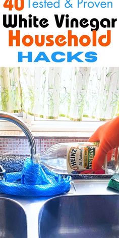 a kitchen sink filled with cleaning supplies next to a window