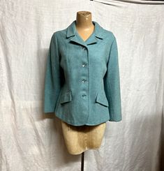 Women's Vintage 1940s Aqua Blue Wool Jacket  | eBay Vintage Solid Color Button-up Outerwear, Fitted Blue Button-up Outerwear, Blue Fitted Button-up Sport Coat, Blue Fitted Collared Blazer, Fitted Blue Button-up Sport Coat, Fitted Blue Collared Blazer, 1950s Fitted Workwear Outerwear, Vintage Tailored Outerwear For Work, Tailored Vintage Outerwear For Work