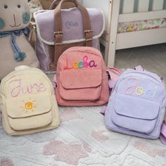 😍Our adorable custom-made children's backpacks! These charming backpacks are perfect for your little ones, combining designs add on and embroidery in one delightful package. With vibrant colors and cute designs, these backpacks are sure to bring a smile to your child's face. With bright color name and mini cute backpack which made each little baby proud in the group. Made with high-quality corduroy, they are durable and comfortable to carry. Ideal for school, outings, or any adventure, these ba Cute Bags With Letter Embroidery For Everyday Use, Cute Softback Backpack For Playtime, Cute Backpack For Gift, Cute Customizable Backpack For Gift, Cute Backpack As Gift, Cute Standard Backpack As Gift, Cute Rectangular Diaper Bag, Customizable Rectangular Backpack For Daily Use, Cute Standard Backpack For Gift