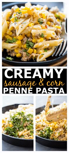 creamy sausage and corn penne pasta in a skillet