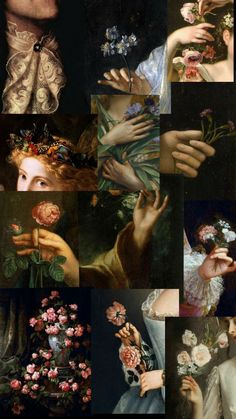 many different pictures of women with flowers in their hands and on the other side of her face