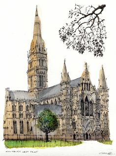 a drawing of a cathedral with trees in the foreground