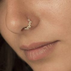 a woman's nose has a small crescent piercing on it